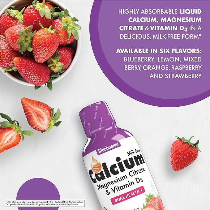 Bluebonnet Nutrition Liquid Calcium Magnesium Citrate & Vitamin D3 Daily Bone Support Supplement - Strawberry & Mixed Berry Bundle