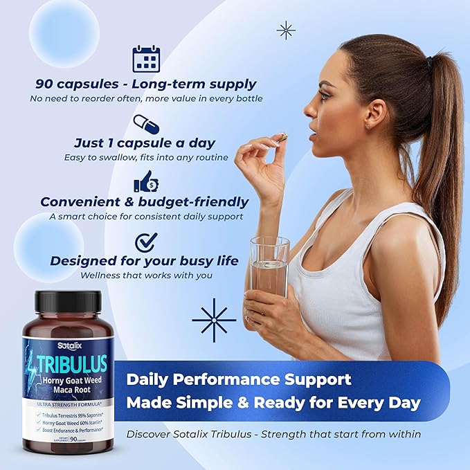 Premium Tribulus Terrestris - 95% Total Saponin Ultra Potency with Maca Root Tongkat Ali Ginseng - High Strength for Men Women - 90 Day Supply (90 Count (Pack of 1))