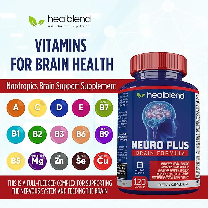 Neuro Plus Brain & Focus Formula - Nootropic Brain Booster Supplement, Supports Brain Health, Mental Clarity & Focus - Enhances Concentration & Mental Energy – 120 Capsules (1)