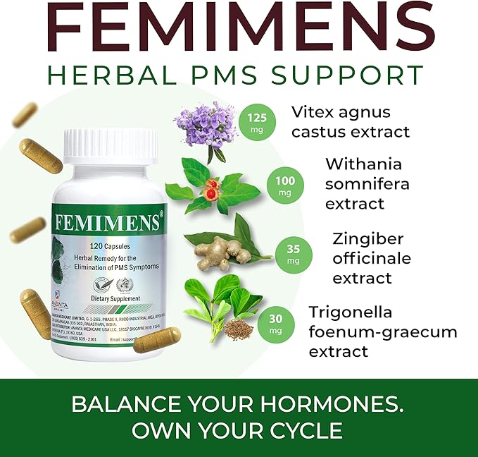 FEMIMENS – PMS Support Supplement for Women – PMS Relief for Women & Menstrual Cramp Relief – Hormonal Balance for Women – Chasteberry Vitex, Ashwagandha, Ginger, Fenugreek – 120 Vegan Capsules