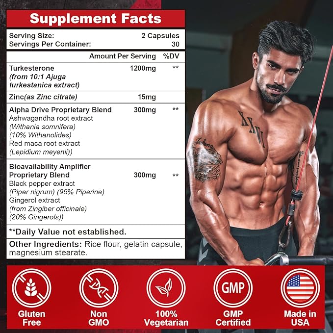 Testosterone Supplement for Men - Testosterone Booster for Men, 4X Strength Male Enhancing Supplement with Turkesterone, Zinc, Ashwagandha, Maca Root for Workout, Muscle Builder, Energy - 60 Capsules