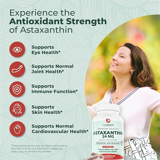 PurePremium Astaxanthin Supplements - Astaxanthin 24mg with Lycopene 50mg Antioxidants Supplement for Skin & Eye Health, Normal Joint Support & Immune System Support – Non-GMO - 60 Count