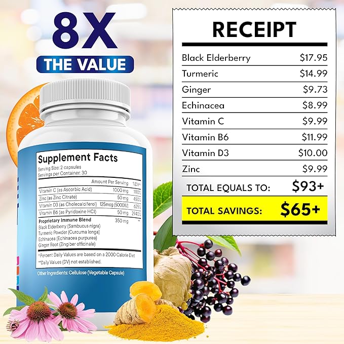8 in 1 Immune Support Booster Supplement with Echinacea, Vitamin C and Zinc 50mg, Vitamin D 5000 IU, Turmeric Curcumin & Ginger, B6, Elderberry (8 in 1 Capsules (Pack of 3))