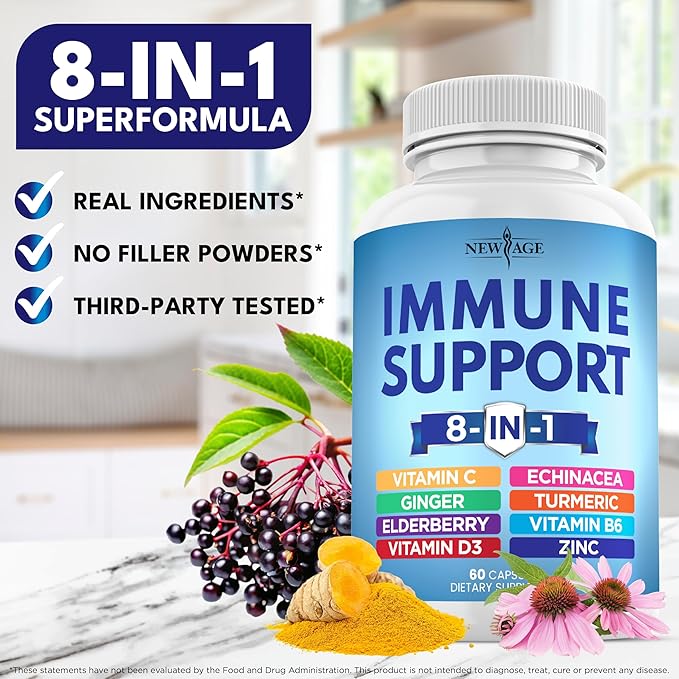 8 in 1 Immune Support Booster Supplement with Echinacea, Vitamin C and Zinc 50mg, Vitamin D 5000 IU, Turmeric Curcumin & Ginger, B6, Elderberry (8 in 1 Capsules (Pack of 3))