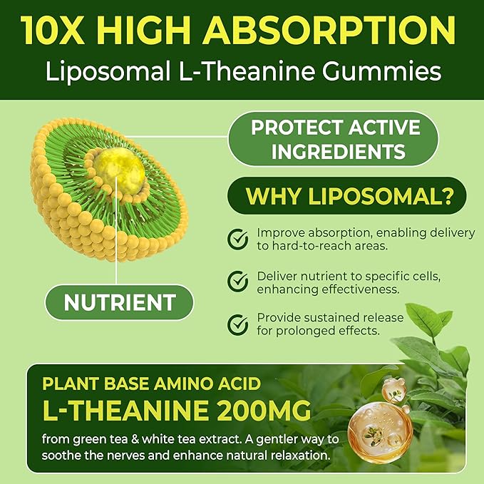 Liposomal L-Theanine 200mg Magnesium Glycinate 400mg Gummies with GABA, 5HTP, Apigenin, Vitamin B6 & D3, Ashwagandha, Lemon Balm Leaf, Melatonin Free Sleep Chewable for Relax Mood & Muscle, 2 Packs