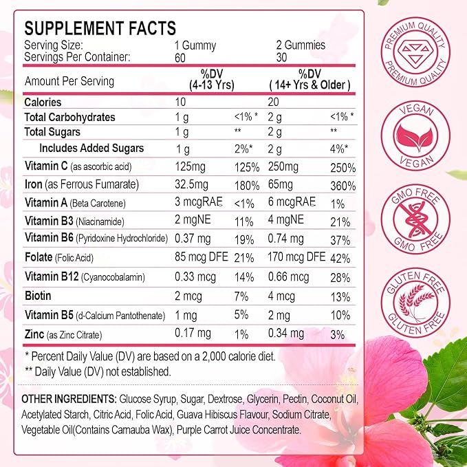 Iron Gummies Vitamin Supplement 65mg & Vitamin C 250mg per Serving with B6 B12 Folate- Energy Support for Iron Deficiency, Anemia, Vegan Guava Hibiscus Flavor, 60 Count