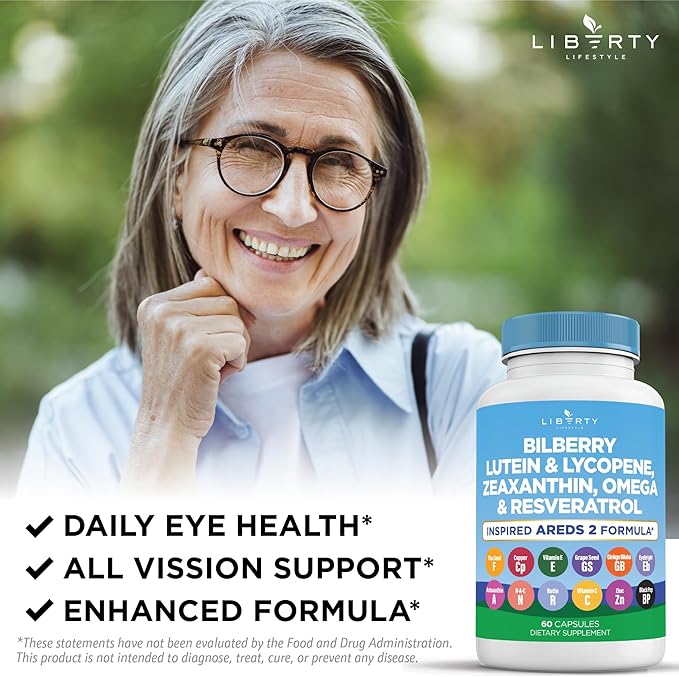 Eye Health Vitamins with Bilberry, Lutein & Zeaxanthin, Lycopene, Resveratrol, Grape Seed Extract, Flaxseed Astaxanthin- AREDS 2-120 Capsules