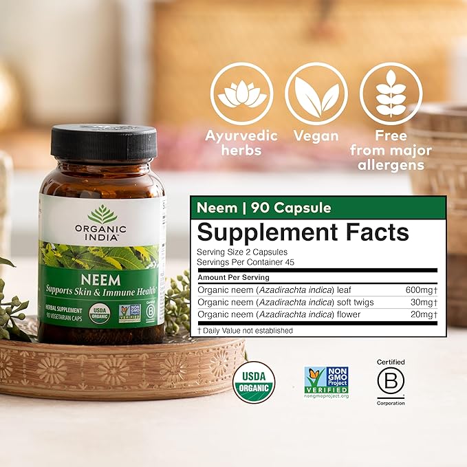 ORGANIC INDIA Neem Leaf Capsules, Herbal Supplement - Supports Skin, Immune, & Liver Health, Detox, Vegan, Gluten-Free, USDA Certified Organic - 180 Capsules