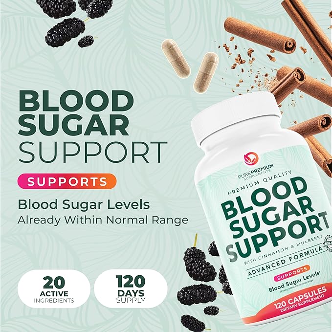 PurePremium Normal Blood Sugar Support Supplement - 20 Active Ingredients Complex to Support Blood Sugar Levels Already in The Normal Range - with Cinnamon, Bitter Melon, Chromium, Mulberry - 120ct