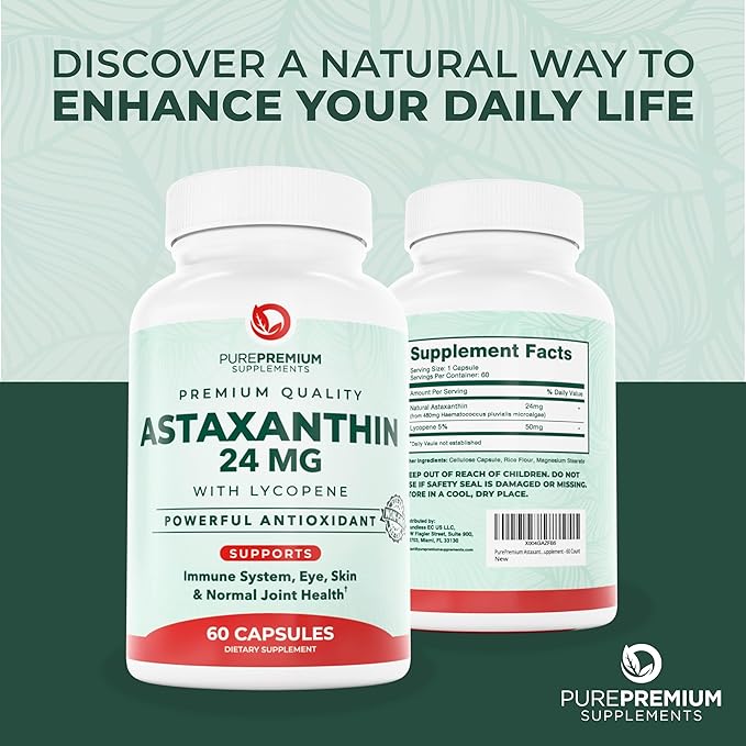 PurePremium Astaxanthin Supplements - Astaxanthin 24mg with Lycopene 50mg Antioxidants Supplement for Skin & Eye Health, Normal Joint Support & Immune System Support – Non-GMO - 60 Count