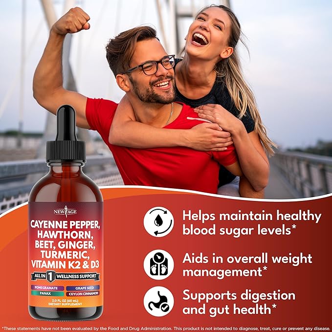 Cayenne Pepper Supplement Liquid Drops + Hawthorn Berry, Vitamin D3 K2 Beet Root Powder, Ceylon Cinnamon, Turmeric Curcumin, Organic Panax Ginseng - 8 oz