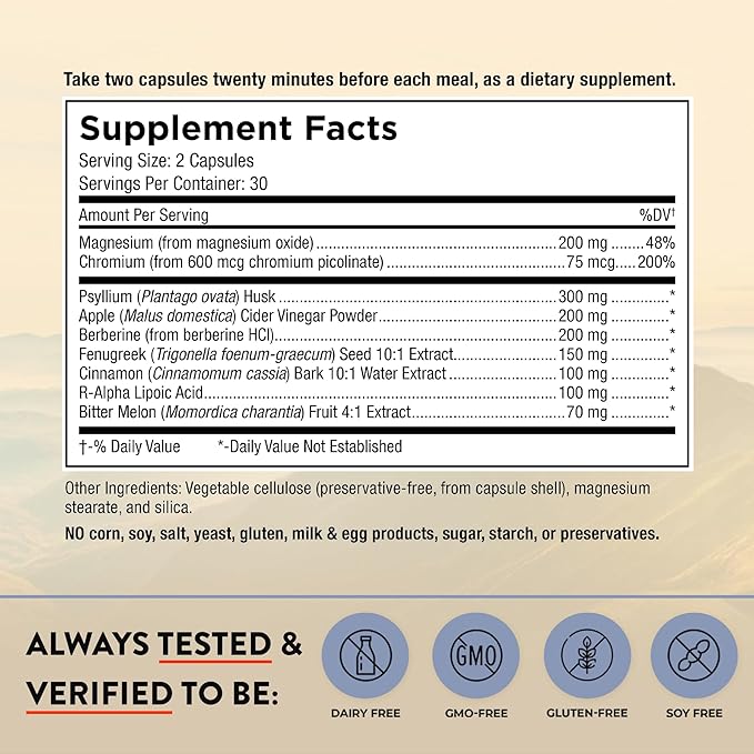 Mt. Angel Vitamins Blood Sugar Support Supplement - Natural Supplement with Pysllium Husk, Berberine with Ceylon Cinnamon, and Apple Cider Vinegar - Supports Healthy Blood Sugar Levels - 60 Capsules
