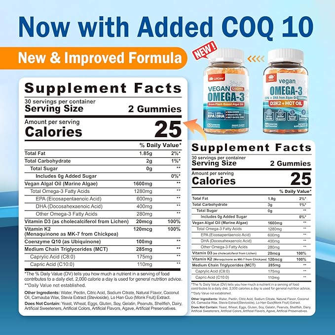 Vegan Omega-3 Gummies 1280mg + COQ10+ Vitamin D3 K2 (MK7), Omega 3 Fish Oil Alternative for Adults w/EPA 600mg & DHA 400mg & MCT Oil, No Fish Taste from Marine Algae, for Brain, Eye, Immunity, 2 Pack