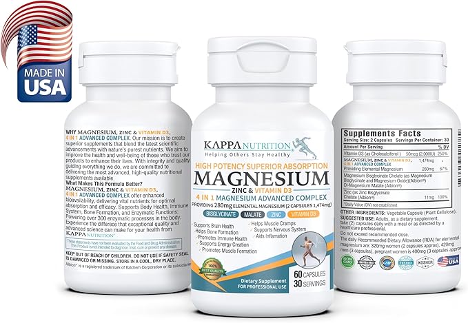 Kappa Nutrition Magnesium 4-in-1, 280mg Elemental Magnesium (Bisglycinate, Malate) + Zinc & Vitamin D3, Brain, Sleep, Energy, Muscle, Immune Support, 60 Vegan Capsules.