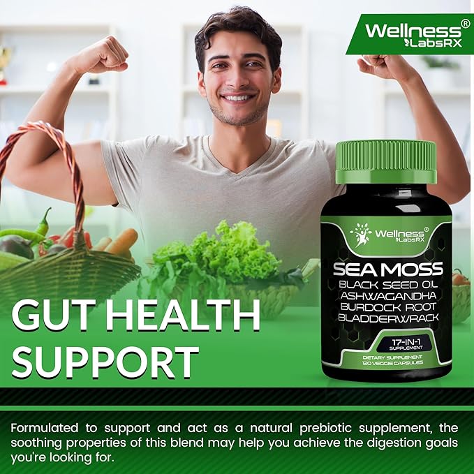 Irish Sea Moss Capsules, 17-in-1, Seamoss Black Seed Oil, 240 Count, Ashwagandha Burdock Root Organic Bladderwrack Capsules | Organic Sea Moss Advanced, Immune and Blood Pressure Support - 2 Pack