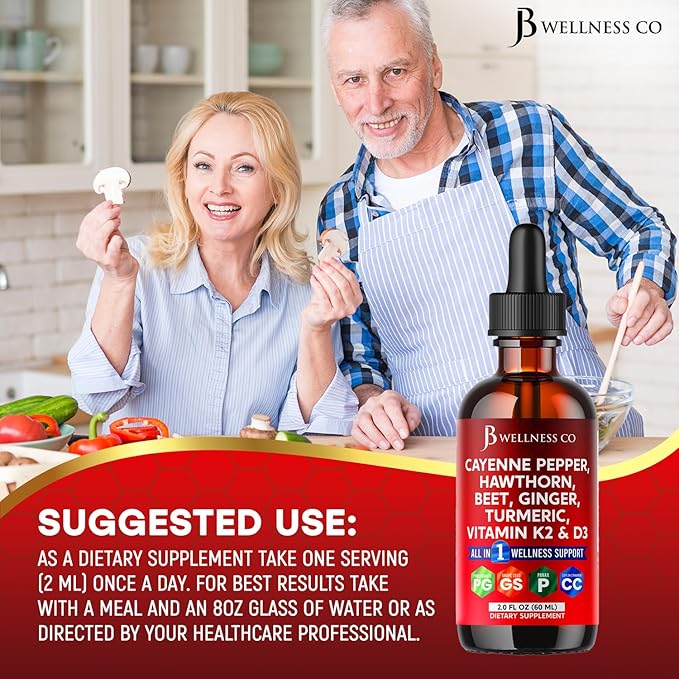 Cayenne Pepper Supplement Liquid Drops + Hawthorn Berry, Vitamin D3 K2 Beet Root Powder, Ceylon Cinnamon, Turmeric Curcumin, Organic Panax Ginseng - 6oz