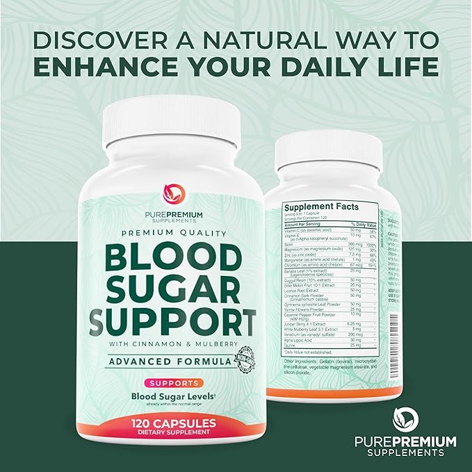 PurePremium Normal Blood Sugar Support Supplement - 20 Active Ingredients Complex to Support Blood Sugar Levels Already in The Normal Range - with Cinnamon, Bitter Melon, Chromium, Mulberry - 120ct