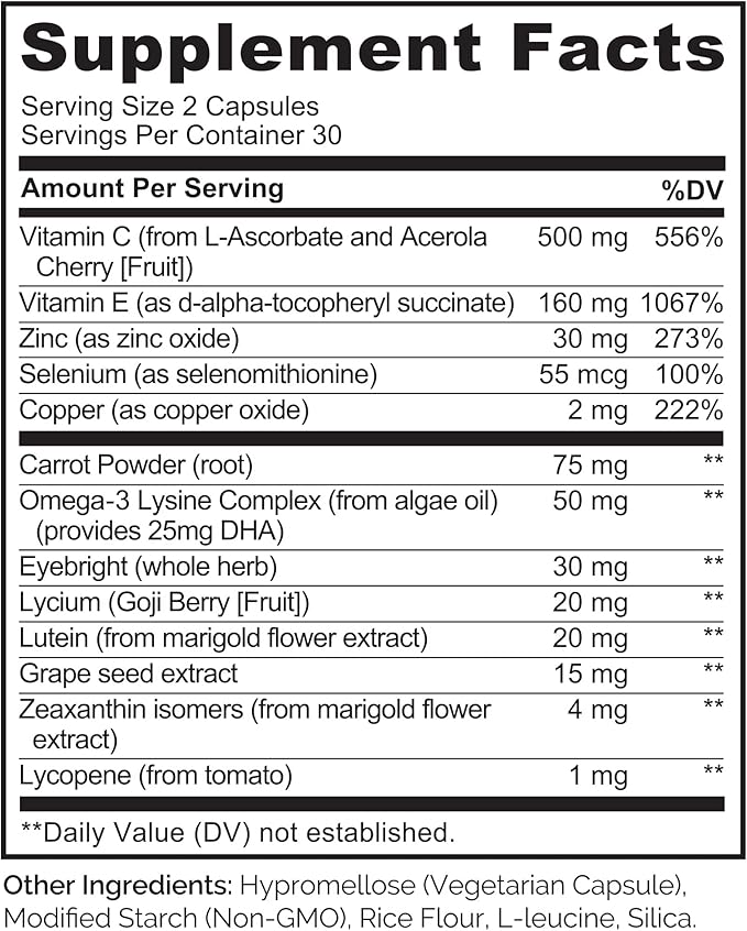 NATURELO Eye Vitamins - AREDS 2 Formula Nutrients with Lutein, Zeaxanthin, Vitamin C, E, Zinc, Plus DHA - Supplement for Dry Eyes, Healthy Vision, Eye Support - 60 Vegan Capsules