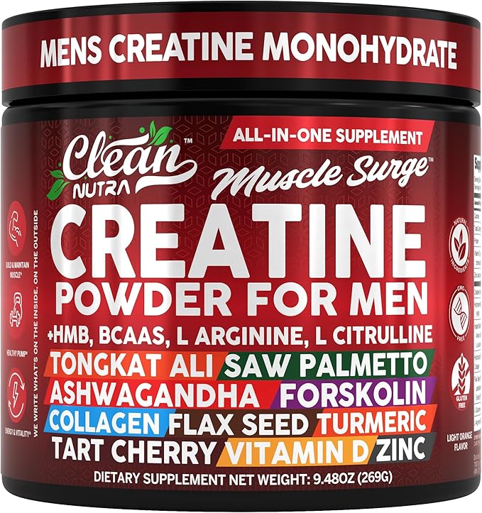 Clean Nutra Creatine Power for Men + HMB BCAA L Arginine L Citrulline Tongkat Ali Saw Palmetto Ashwagandha Collagen Flax Seed Turmeric Preworkout Stevia Nitric Oxide L Glutamine Amino Acids