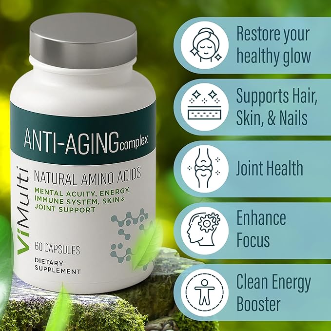 Vitmulti Anti-Aging Natural Amino Acids Supplement for Women & Men – Supports Immune Health, Energy, Smoother Skin Tone, & Restorative Sleep, Anti-Aging Supplement Pills for Longevity, 60 Capsules