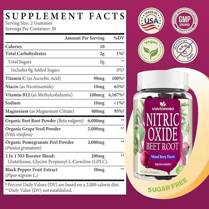 Nitric Oxide Beet Root Gummies 6000mg – Nitric Oxide Booster with Organic Beet Root, Grapeseed, Pomegranate, Vitamin C & B12 – Sugar-Free Beet Chewables Mixed Berry Flavor – 60 Gummies