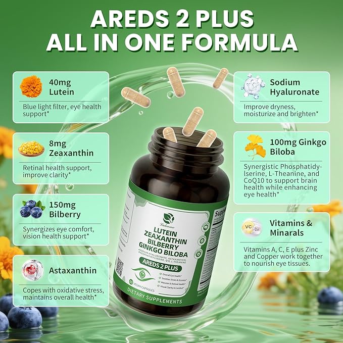 Lutein and Zeaxanthin Supplements - Advanced AREDS 2 Eye Vitamins - Bilberry Supplement for Eyes, with Astaxanthin, Ginkgo Biloba, Sodium Hyaluronate - for Eye Health & Brain Support, 60 Capsules
