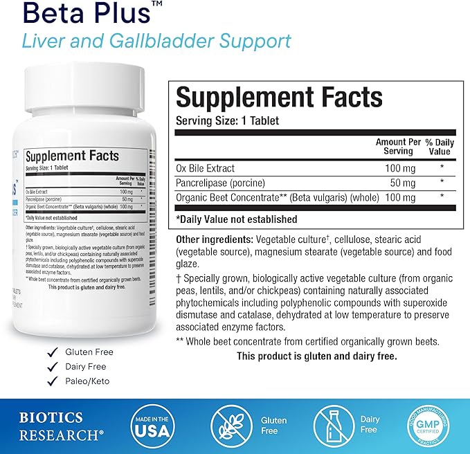 Biotics Research Beta-Plus™ Nutritional Ox Bile Salts Digestive Enzymes Supplement for Bile Production for No Gallbladder-Supports Overall Liver Function, Aids Fat Digestion, Supplies Betaine 90 Tabs