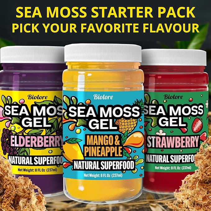 Biolore Sea Moss Gel – Wildcrafted Irish Sea Moss, Made in USA – Superfood with Essential Vitamins, Trace Minerals – Mango Pineapple, Strawberry, Elderberry – Sea Moss Starter Pack 8oz Jars (Pack of 3)