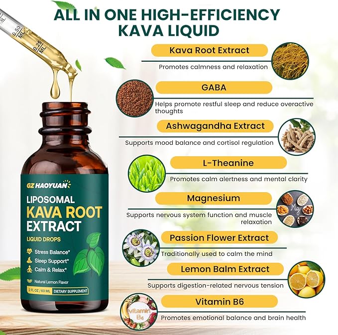 Liposomal Kava Kava Drops for Calming & Relaxation – Kava Root Extract Supplement with GABA, Ashwagandha & Magnesium - Support Mood & Better Sleep, Fast-Absorbing Vegan Kava Liquid Drops Lemon 2 Fl Oz