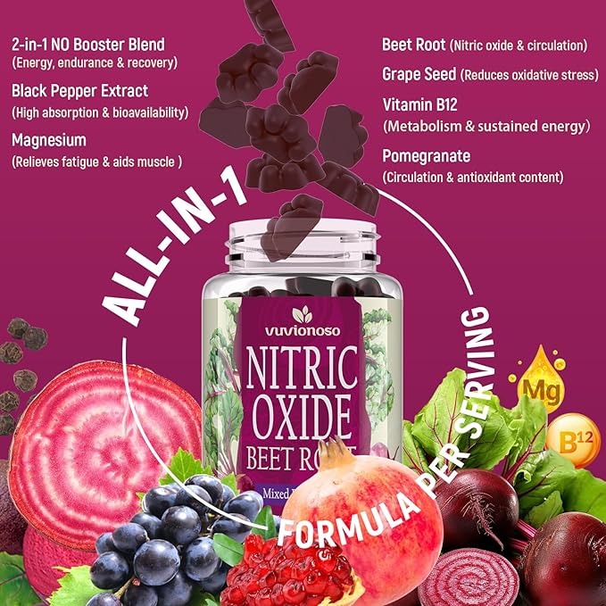 Nitric Oxide Beet Root Gummies 6000mg – Nitric Oxide Booster with Organic Beet Root, Grapeseed, Pomegranate, Vitamin C & B12 – Sugar-Free Beet Chewables Mixed Berry Flavor – 60 Gummies