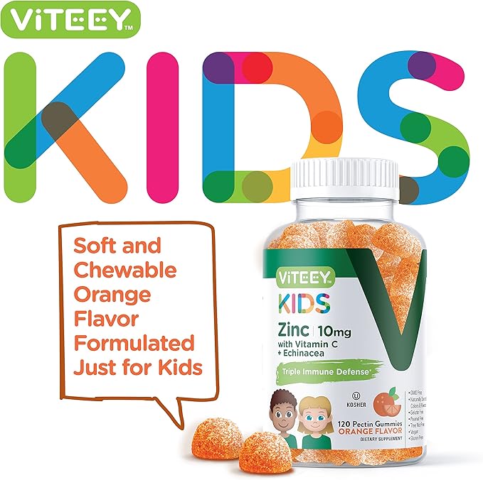 Viteey Zinc for Kids Gummies 10mg, with Vitamin C & Echinacea - Immune Support, Powerful Natural Antioxidant, Kids Zinc Vitamin Supplement - Vegan, Gelatin Free - Tasty Chewable Orange Flavor Gummy