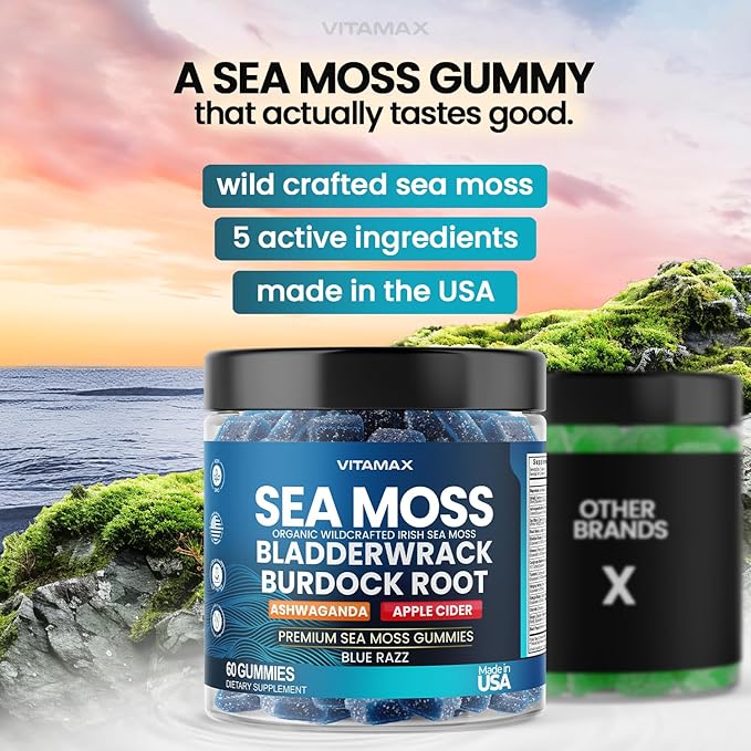 Irish Sea Moss Gummies, Sea Moss, Bladderwrack, Ashwagandha, Burdock Root, ACV - Multi-Mineral - Non-GMO and Vegan – Made in USA – 60ct
