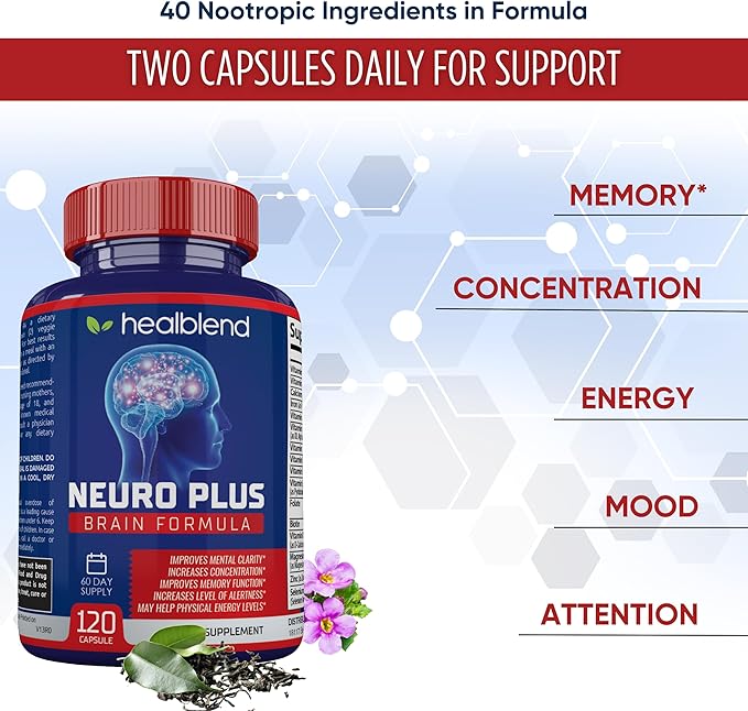 Neuro Plus Brain & Focus Formula - Nootropic Brain Booster Supplement, Supports Brain Health, Mental Clarity & Focus - Enhances Concentration & Mental Energy – 120 Capsules (1)
