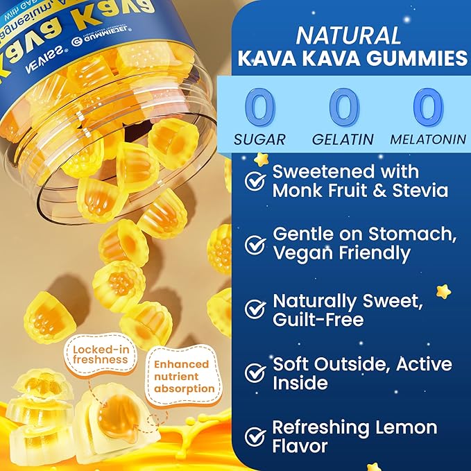 Kava Kava Gummies for Calm, Relaxation & Natural Sleep - with Magnesium, Ashwagandha, GABA, Vitamin B6 D3 - High Potency Kava Root Extract Supplement - Sugar-Free, Melatonin-Free - Vegan 60 Ct