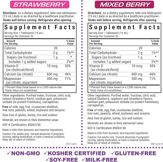 Bluebonnet Nutrition Liquid Calcium Magnesium Citrate & Vitamin D3 Daily Bone Support Supplement - Strawberry & Mixed Berry Bundle