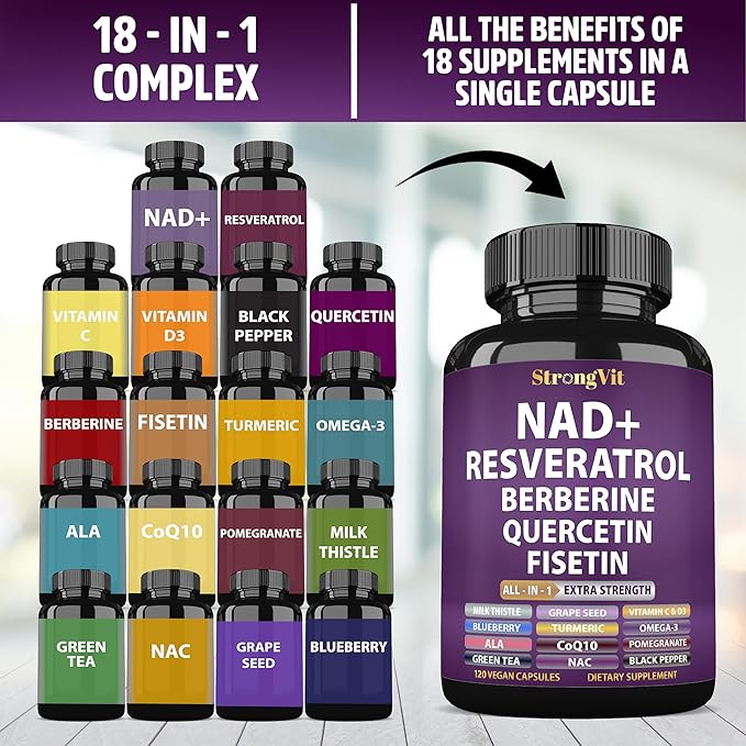 NAD Resveratrol Supplement with Berberine, Quercetin, CoQ10. Anti-Aging Formula for Women & Men. Liposomal NAD Plus, NAD+ Booster, Pure Organic Vitamin, USA (120 Capsules)