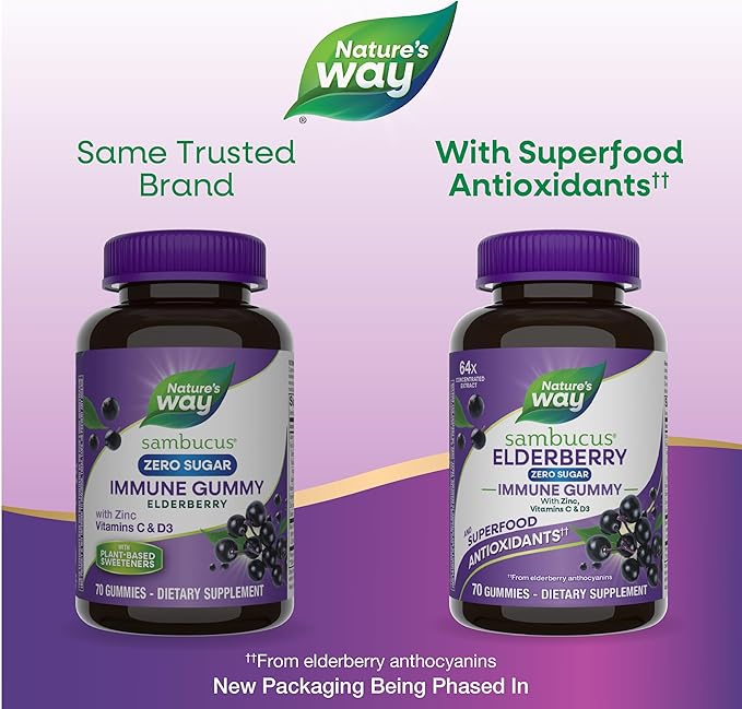 Nature's Way Sambucus Zero Sugar Immune Gummies, Daily Immune Support*, Black Elderberry Extract, Vitamin C, Vitamin D3, Zinc, Sugar Free, Sugar Alcohol Free, Plant-Based Sweeteners, 70 Gummies