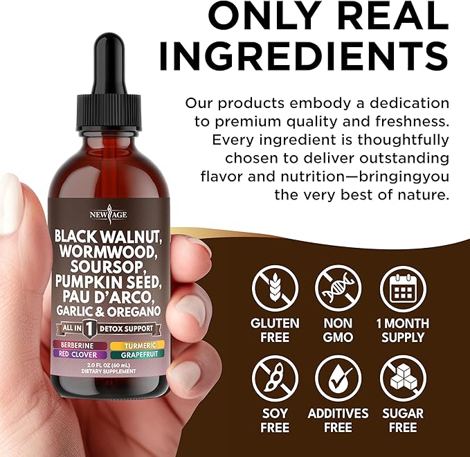 Black Walnut Wormwood Cleanse Drops - Liquid Soursop, Garlic, Pumpkin Seed, PAU D'Arco, Oil of Oregano, Turmeric, Berberine, Neem Extract, Hull Bark, Tincture - - 4oz