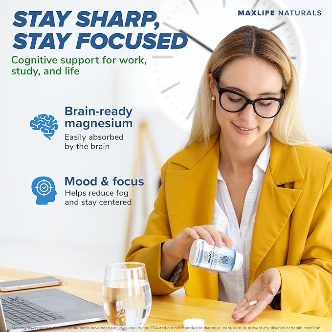 Max-Mag Magnesium L-Threonate Supplement - 105 Capsules Made in USA- Magtein 2000mg Complex with Vitamin D3 and K2 for Sleep, Mood & Brain Magnesium L Threonate Capsules Nutrition by MaxLife Naturals