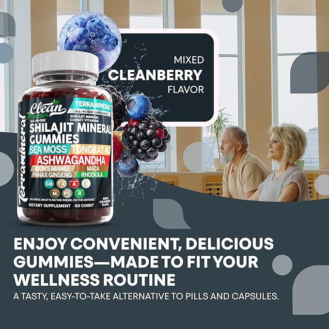 Terramineral Shilajit Gummies with Irish Sea Moss Tongkat Ali Ashwagandha Lion's Mane MACA Panax Ginseng Rhodiola & Cordyceps by Clean Nutra (1)