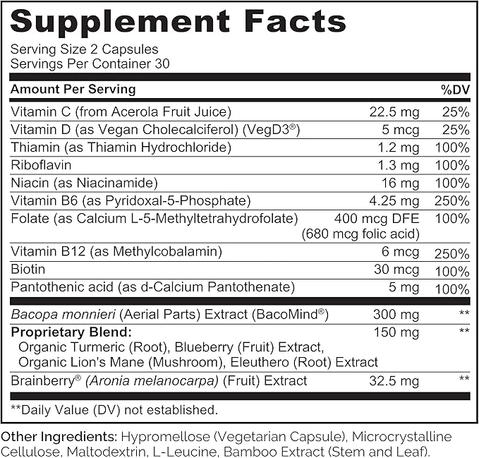 NATURELO Whole Food Brain Supplement - Brain Health Supplements for Memory & Focus Support - Enhance Brain Health Blend Supplement for Adults - 60 Vegetarian Capsules (Pack of 2)