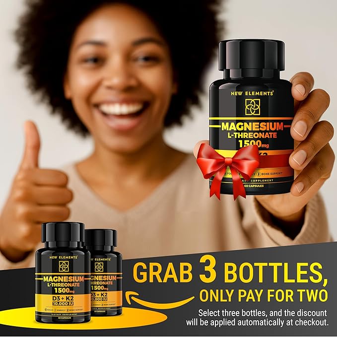 Magnesium L-Threonate 1500mg with Vitamin D3 10,000 IU & K2 MK-7 β Brain, Focus & Bone Support β 60 Vegan Capsules β High Absorption, Non-GMO