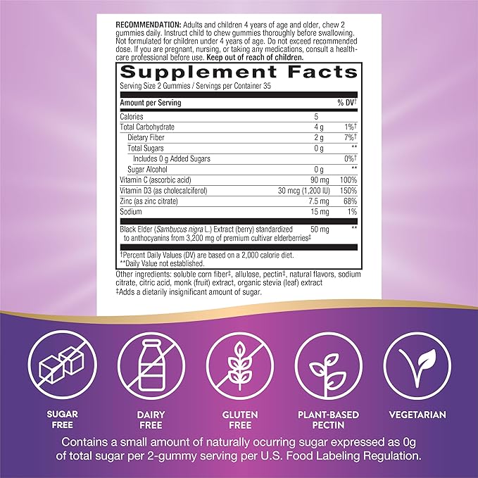 Nature's Way Sambucus Zero Sugar Immune Gummies, Daily Immune Support*, Black Elderberry Extract, Vitamin C, Vitamin D3, Zinc, Sugar Free, Sugar Alcohol Free, Plant-Based Sweeteners, 70 Gummies