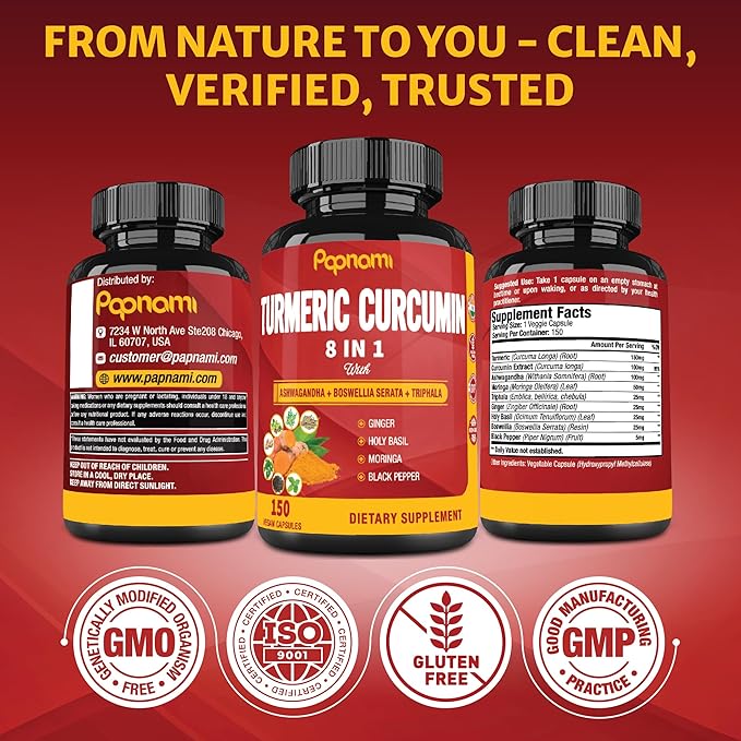 Turmeric Curcumin Capsules - with Ashwagandha, Boswellia, Triphala, Ginger, Holy Basil, Moringa, and Black Pepper - 150 Pills 5 Month Supply