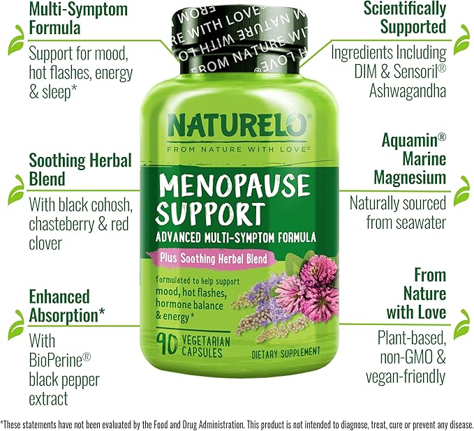 NATURELO Menopause Supplements for Women, Herbal Blend with Black Cohosh for Menopause Hot Flashes Advanced Estrogen Multi-Symptom Formula 90 Capsules (Pack of 2)