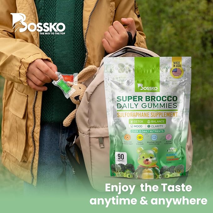 Bossko Sulforaphane Gummies with Omega-3 โ Broccoli Sprout Extract, EPA/DHA & Antioxidants โ Cellular Health & Mood Support โ 90 Vegan Gummies โ Mixed Berry Flavors โ Sugar-Free