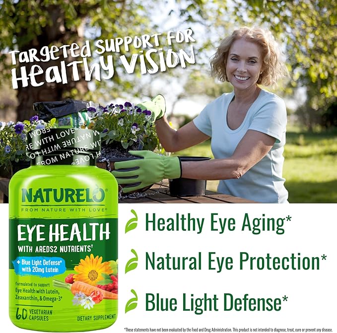 NATURELO Eye Vitamins - AREDS 2 Formula Nutrients with Lutein, Zeaxanthin, Vitamin C, E, Zinc, Plus DHA - Supplement for Dry Eyes, Healthy Vision, Eye Support - 60 Vegan Capsules