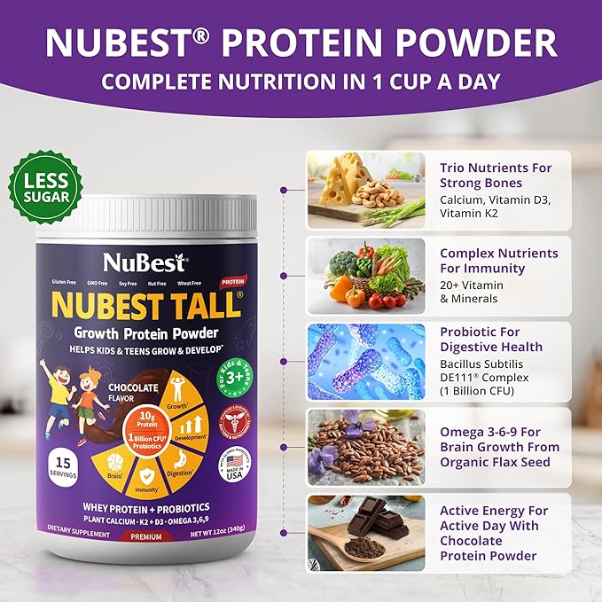 NuBest Tall Protein Powder for Kids & Teens - Whey Protein Powder - Chocolate Protein Powder Shake with Probiotics, Omega 3-6-9, Vitamin D3 + K2, Calcium, Vitamin - 15 Servings | 2 Week Supply