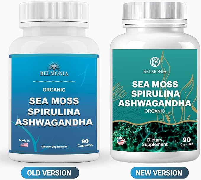 Sea Moss with Spirulina and Ashwagandha Blend Capsules, Mood, Immune Support & Stress Relief, Micro Ingredients & Antioxidants Source โ Non-GMO, Vegan Superfood Supplement, 90 Count