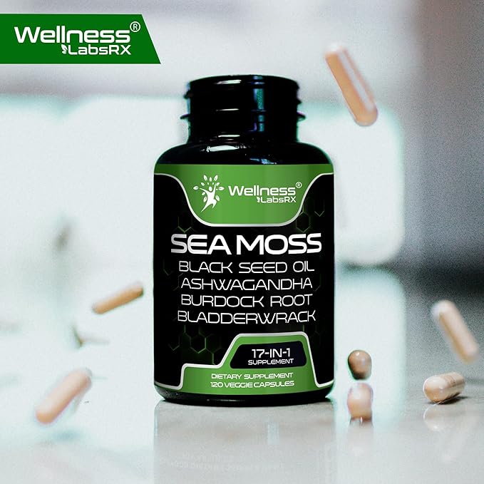 Irish Sea Moss Capsules, 17-in-1, Seamoss Black Seed Oil, 120 Count, Ashwagandha Burdock Root Organic Bladderwrack Capsules | Organic Sea Moss Advanced, Immune and Blood Pressure Support